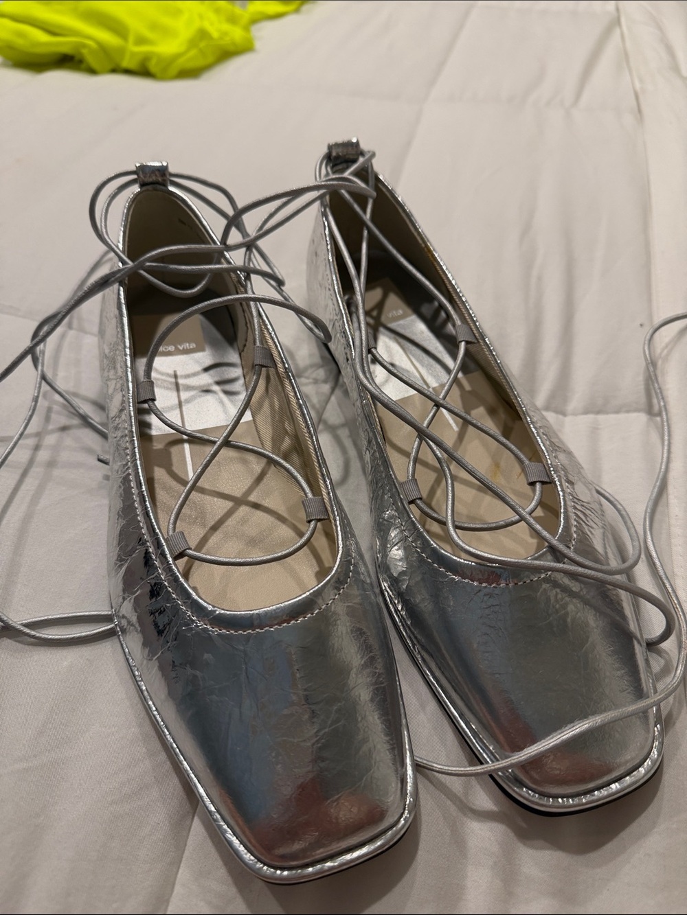 Metallic Silver Lace-Up Ballet Flats